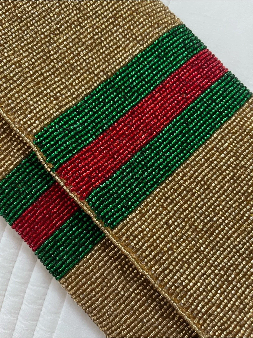 Gold Beaded Clutch with Green & Red Stripe